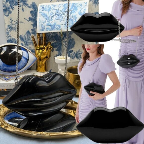 🆕 LULU GUINNESS 🧿 NWOT Black Medium Iconic Lips Perspex Clutch Bag - Picture 1 of 16